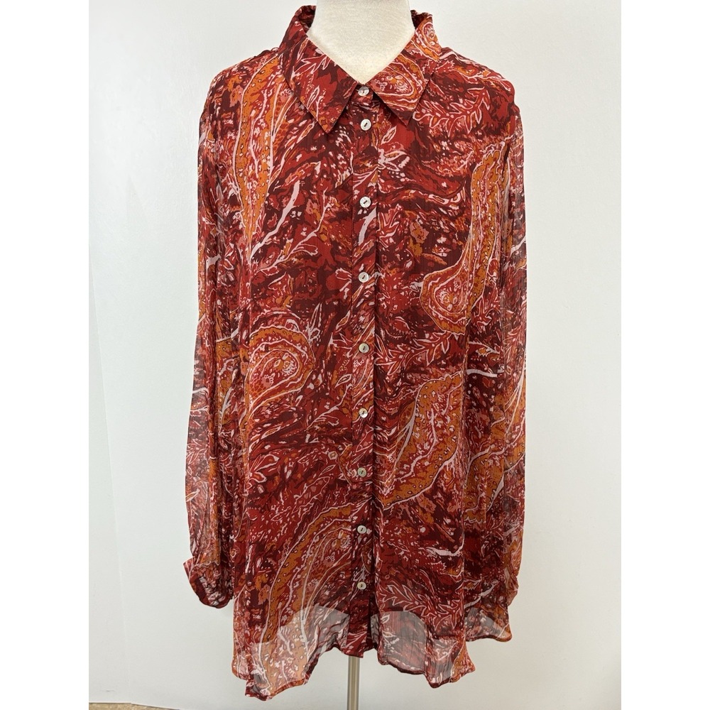 Soft Surroundings Cheya Blouse Shirt Sz 3X Plus Red Paisley Sheer Sleeves Tunic
